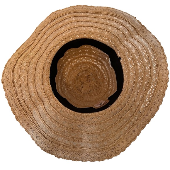 NWT Packable woven wide brim sun hat with wired brim faux leather band tan brown - Picture 10 of 14